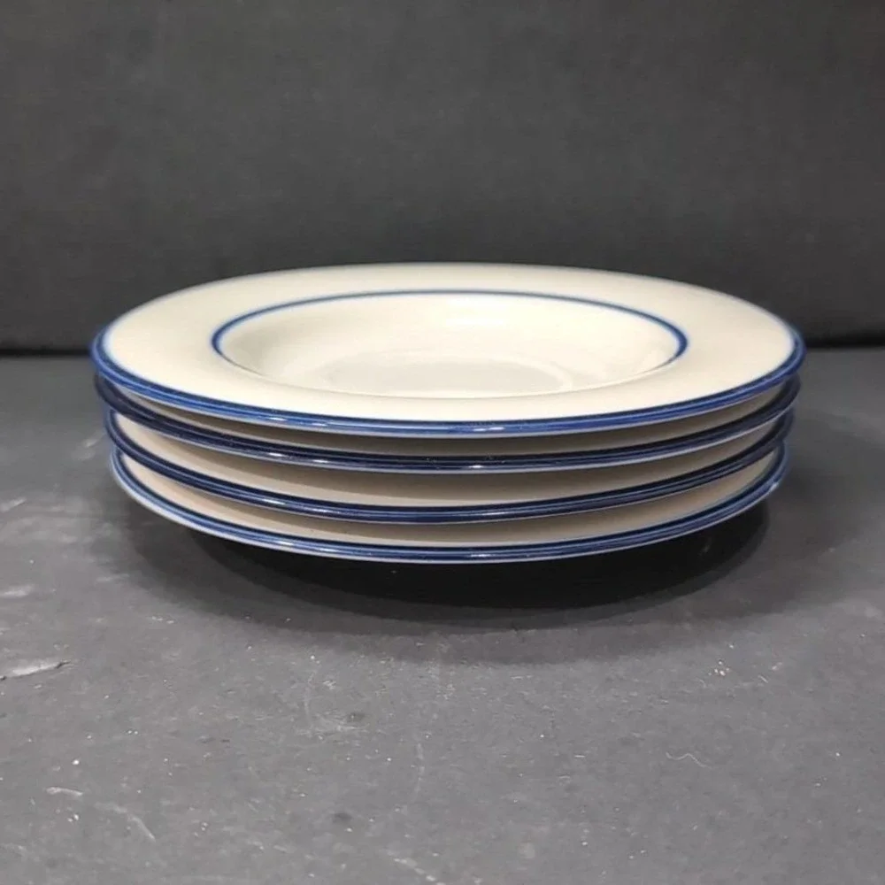 Permastone Stoneware Saucers, Set‎ of 4, Vintage White Plates With Blue Trim